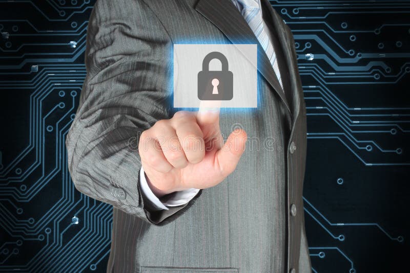 Businessman pushing virtual security button stock image