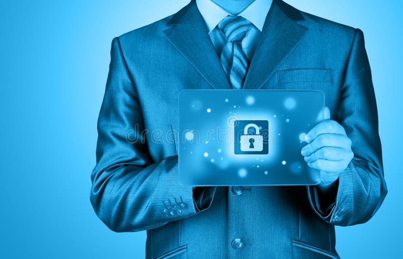 Businessman pushing virtual security button stock image