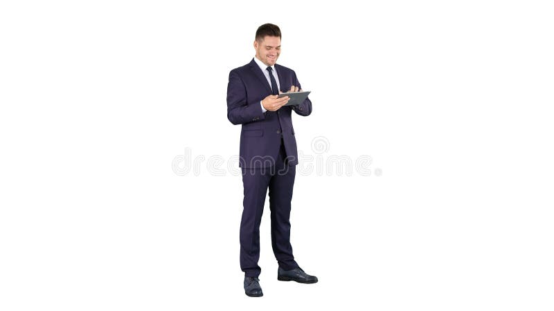 Businessman Reading or Working on a digital tablet on white back royalty free stock images