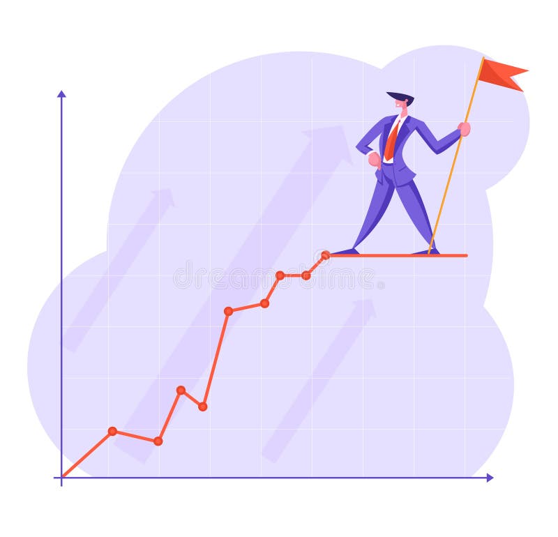 Businessman with Red Flag Stand on Top of Growing Business Chart Curve Line on Coordinate System vector illustration