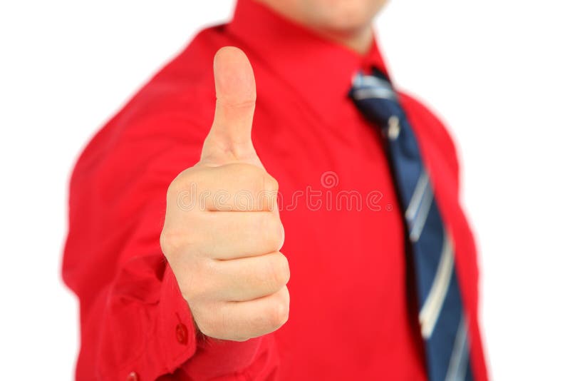 Businessman in red shirt makes gesture ok