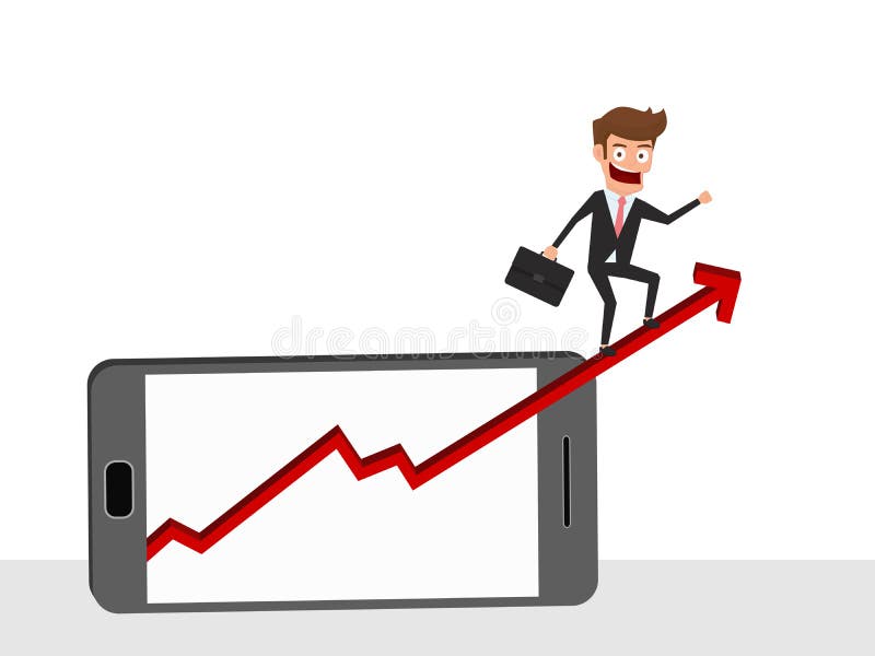 Businessman riding growth arrow graph on smart phone screen. Investment financial and success concept.