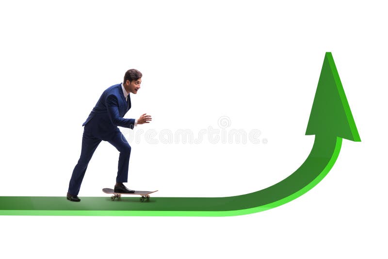 Businessman riding skateboard on financial graph stock photo Businessman riding skateboard on financial graph stock photo