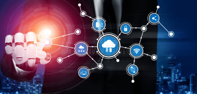 Businessman with Robot Hand Touching Cloud Technology Icons Representing Digital Transformation and Connectivity in stock illustration