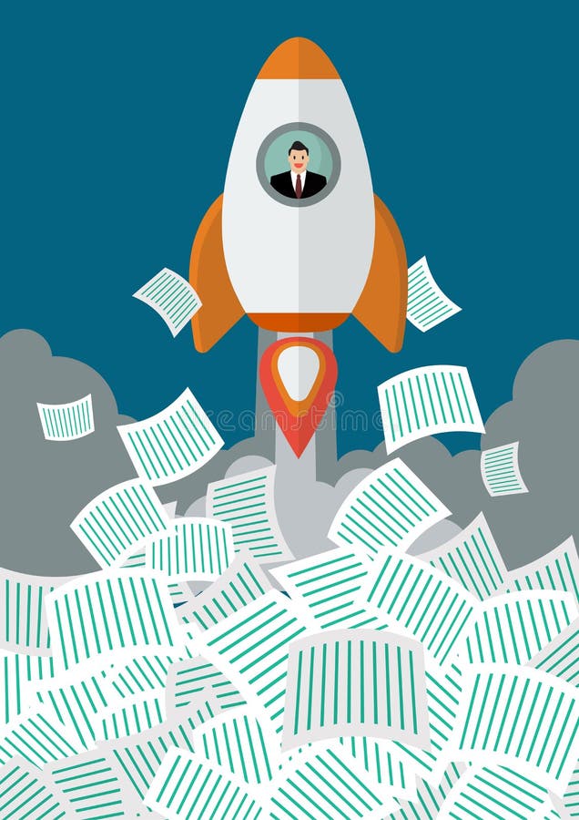 Businessman on rocket get away from a lot of documents