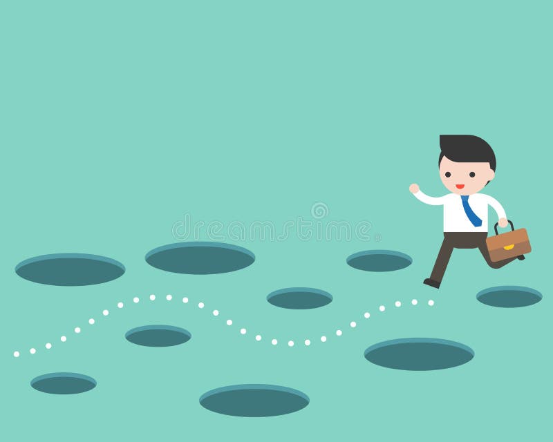 Businessman and the route without hole, planning and obstacle avoidance concept stock illustration