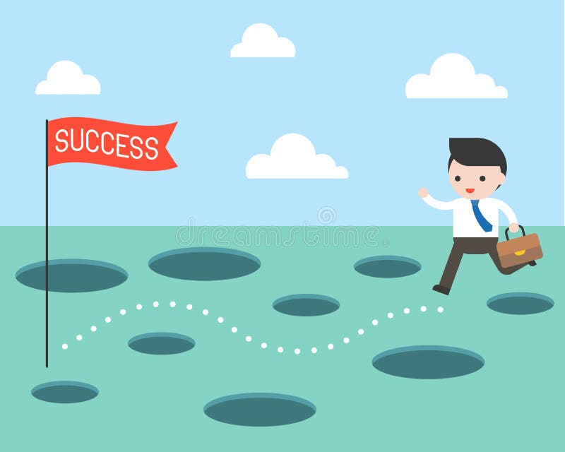 Businessman and the route to success, planning and obstacle avoidance concept vector illustration