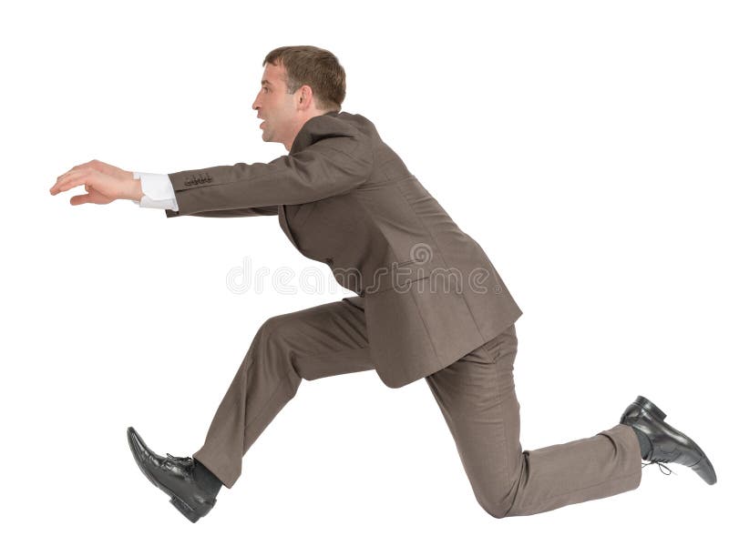 Businessman running fast with empty hands on white royalty free stock image