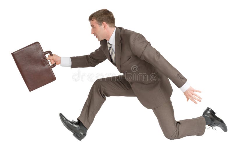 Businessman running fast with suitcase on white stock images