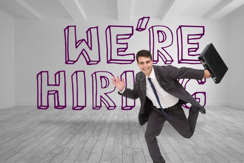 Businessman Running in Front of Were Hiring Graphic Stock Photo Image