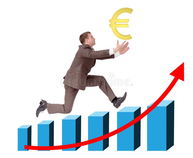 Businessman running on graph with euro sign royalty free stock image