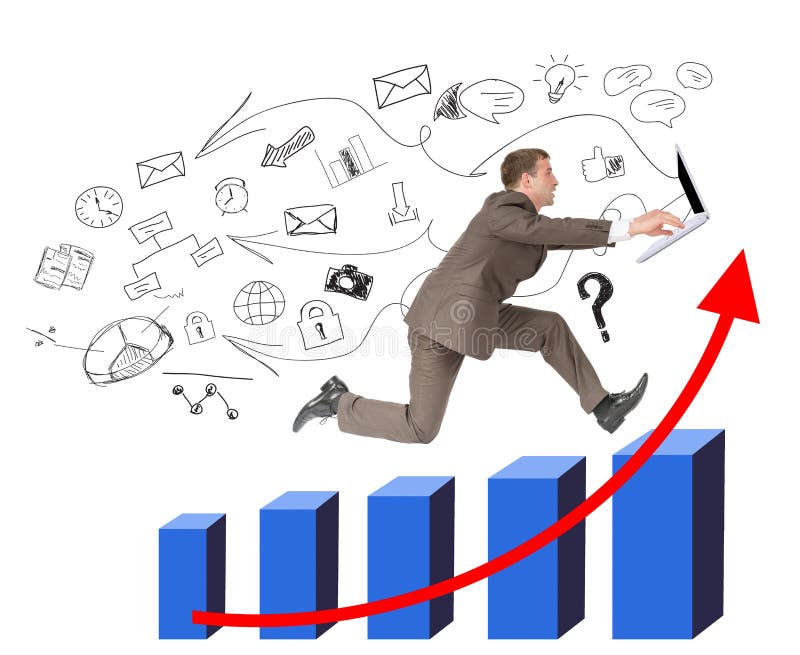 Businessman running with laptop on graph stock image