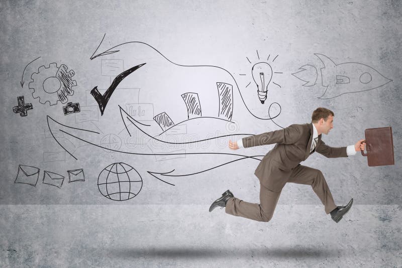 Businessman running with suitcase on grey royalty free illustration