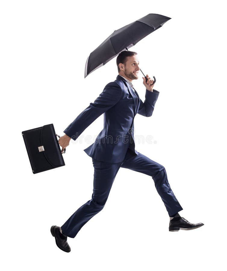 Businessman running with umbrella and briefcase. royalty free stock photography Businessman running with umbrella and briefcase. royalty free stock photography