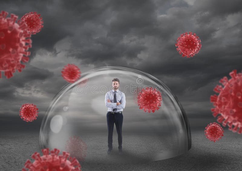 Businessman safely inside a shield dome that protects him from virus. Protection and safety concept stock photo Businessman safely inside a shield dome that protects him from virus. Protection and safety concept stock photo