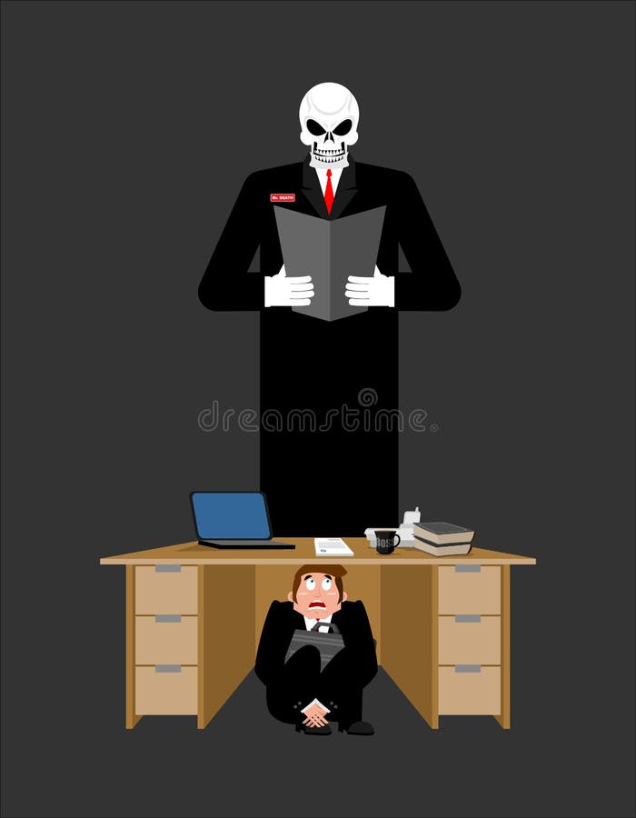Businessman scared under table of creditor. frightened business
