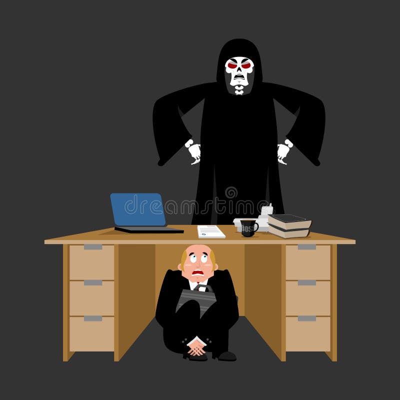 Businessman scared under table of Grim Reaper. frightened business man under work board. does not want to die. Boss fear office d