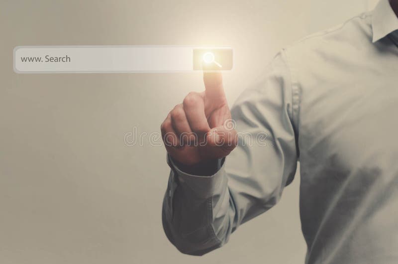 businessman search button on virtual touch screen pressed with f royalty free stock images businessman search button on virtual touch screen pressed with f royalty free stock images