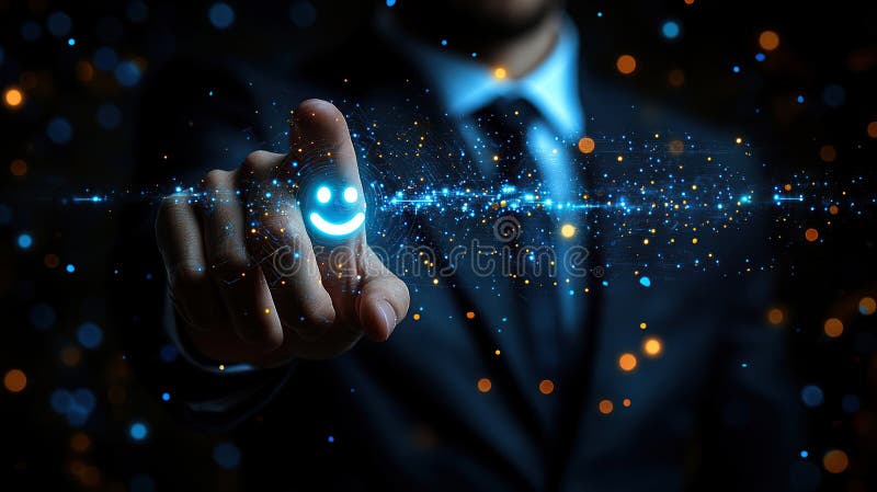 Businessman selecting a happy face, digital interface, bokeh background. Possible use customer satisfaction royalty free illustration