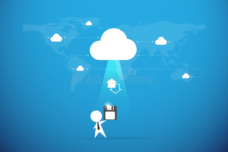 Businessman send floppy disk to the cloud, backup data concept vector illustration