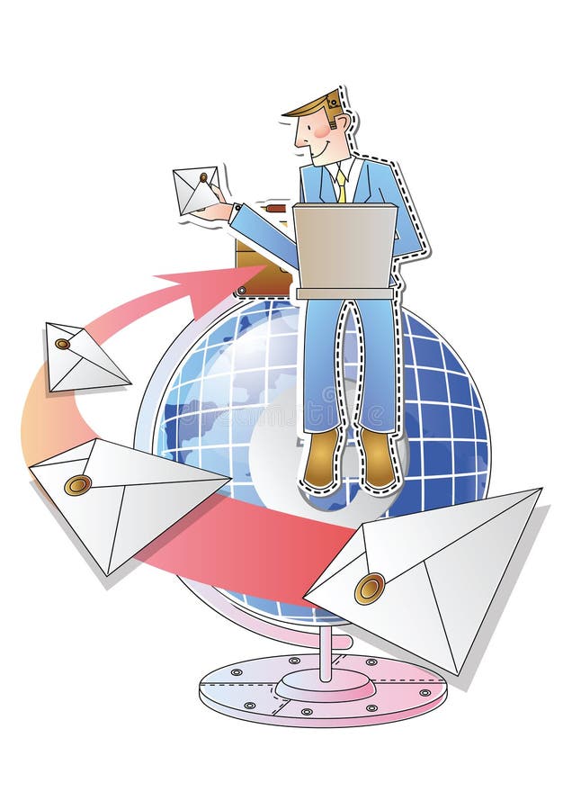 Businessman sending emails. Vector illustration decorative design stock illustration