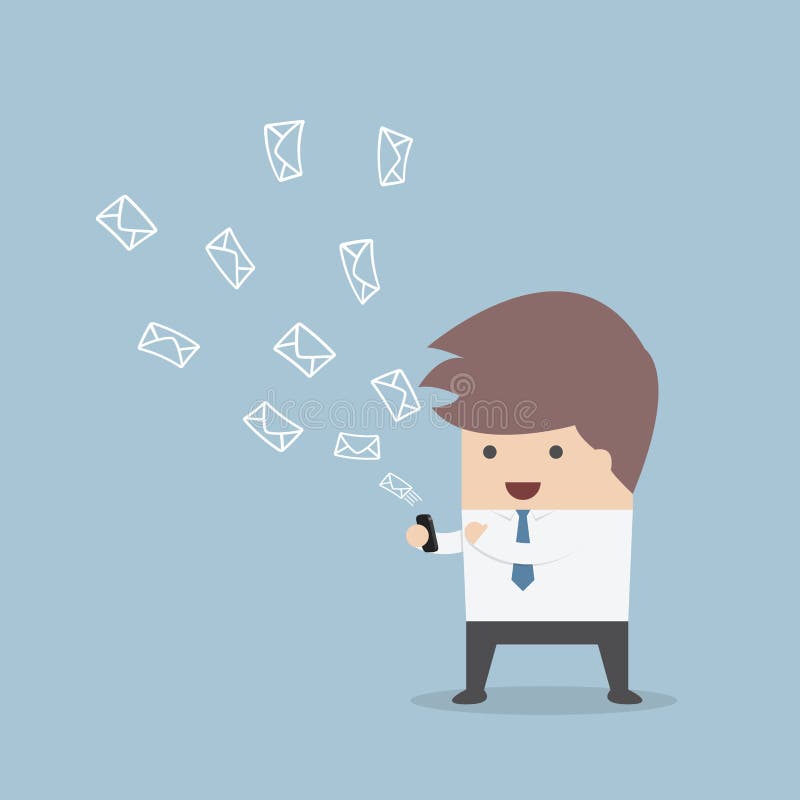 Businessman sending messages by smartphone stock illustration