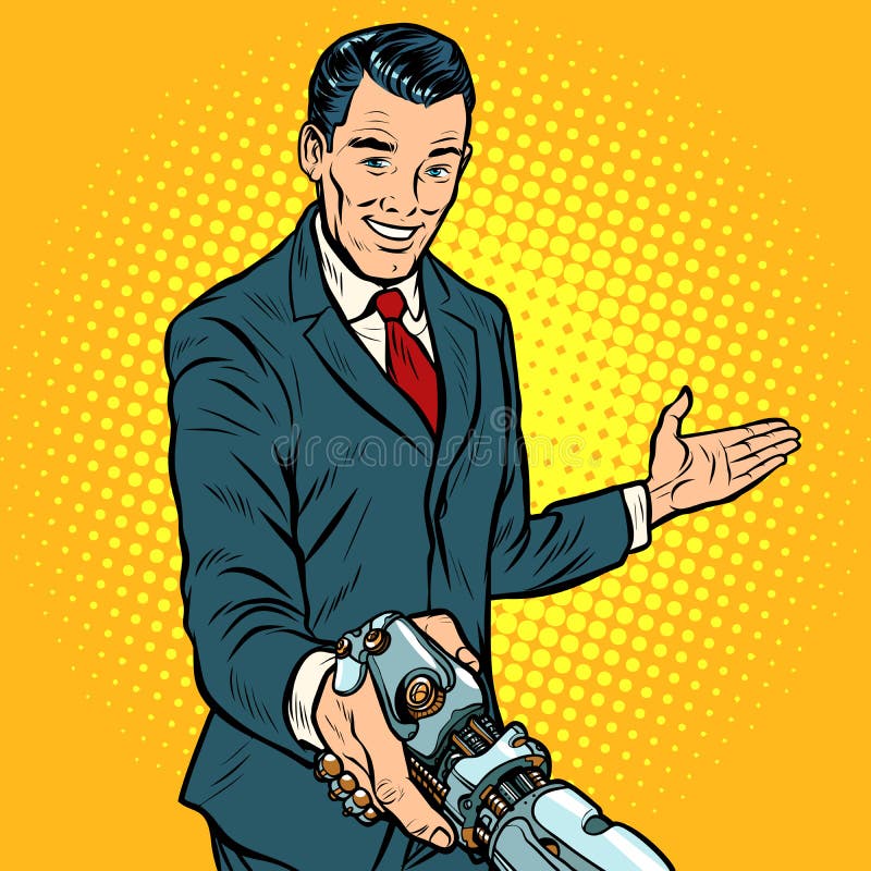 Businessman shaking hands with robot, new technology royalty free illustration Businessman shaking hands with robot, new technology royalty free illustration