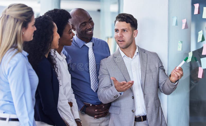 Businessman sharing idea with mindmap, team and presentation, planning and strategy with sticky note. Coaching, goals royalty free stock image