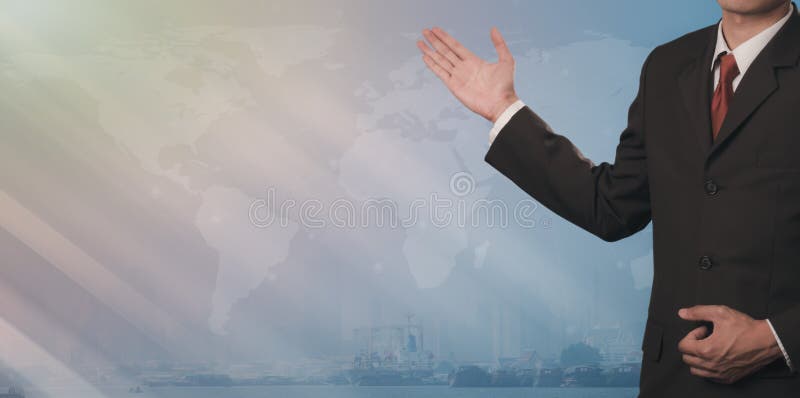 Businessman showing copy space for your text message or content on world map with logistic network distribution background. royalty free stock photo
