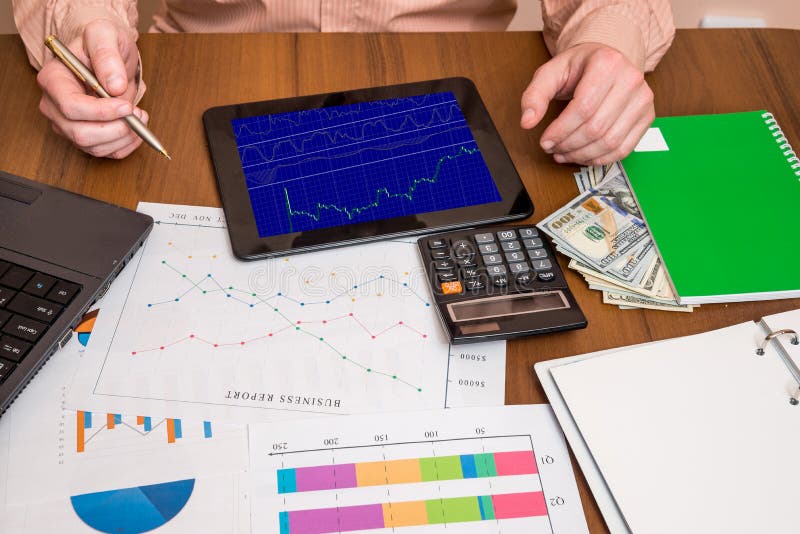 Businessman showing developing a business project on digital tablet computer stock photos