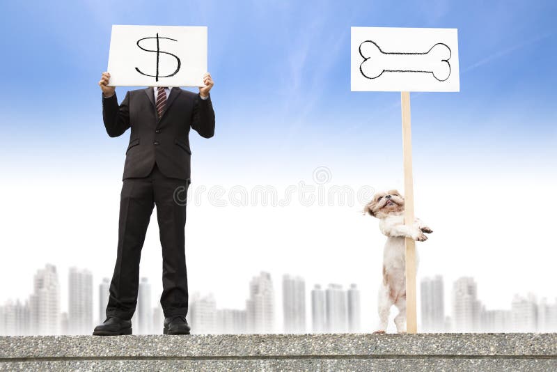 Businessman showing the money sign and dog showing the bone. Businessman showing the money sign and dog showing the bone