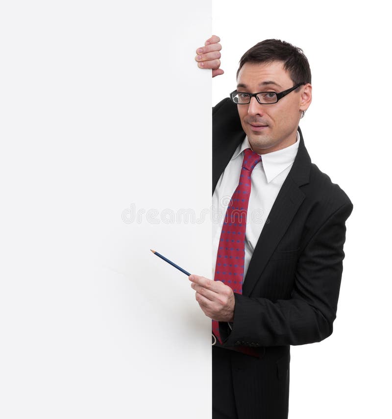 Businessman showing with pointer to blank placard