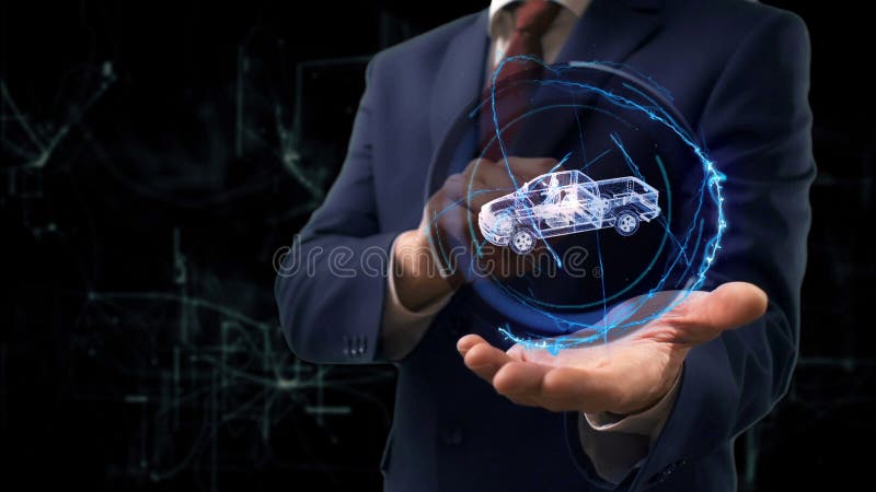 Businessman shows concept hologram 3d Pickup truck on his hand royalty free stock image Businessman shows concept hologram 3d Pickup truck on his hand royalty free stock image