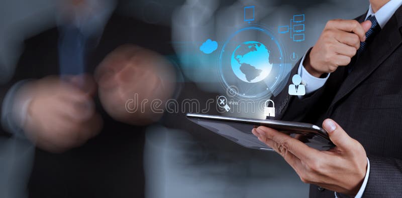 Businessman shows modern technology stock photos Businessman shows modern technology stock photos