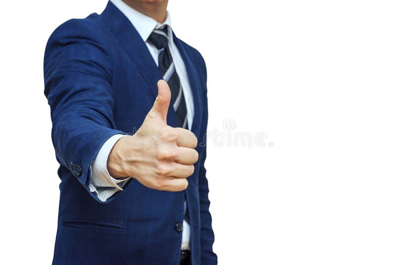 Businessman shows thumb up sign gesture. Nonverbal communication. Like, OK, perfect, good job, praise, satisfied, thumb up gesture