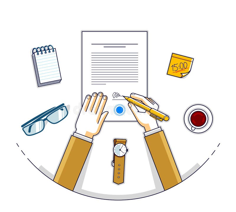 Businessman signs contract official paper document with seal, bo stock illustration