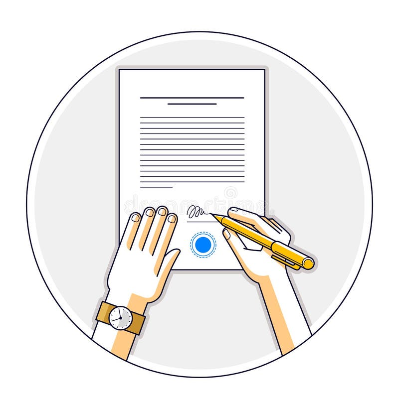 Businessman signs contract official paper document with seal, bo stock illustration