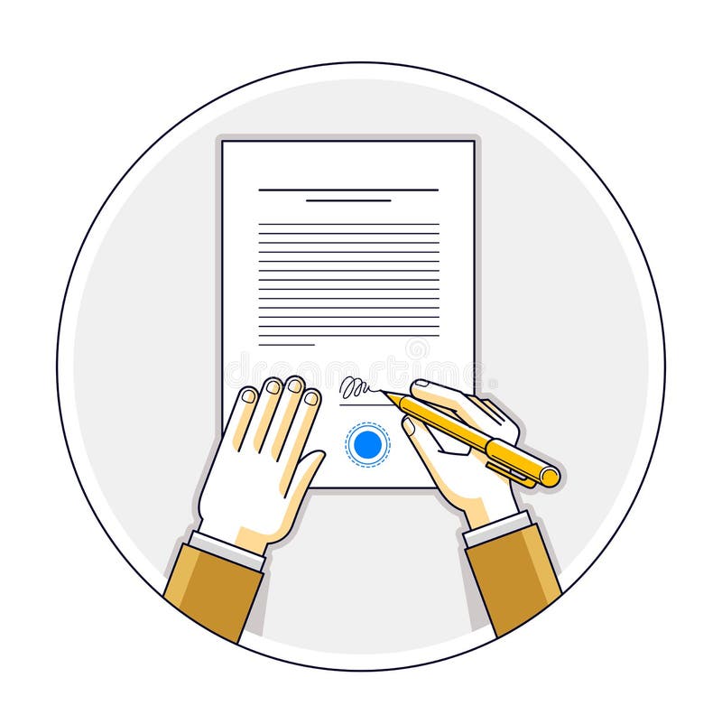 Businessman signs contract official paper document with seal, boss signs a order or directive, approve disposal, CEO manager chief stock illustration