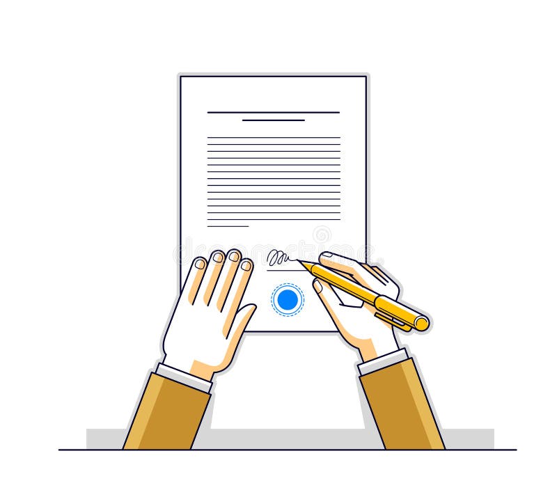 Businessman signs contract official paper document with seal, boss signs a order or directive, approve disposal, CEO manager chief stock illustration