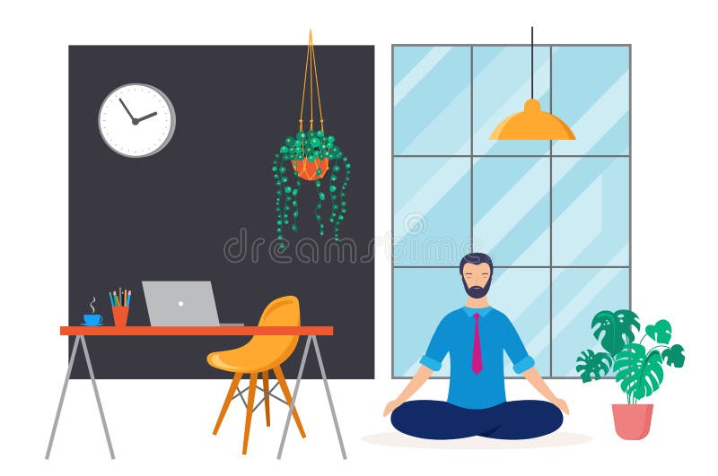 Businessman sits with crossed legs and meditates in the office. Vector background and illustration. Businessman sits with crossed legs and meditates in the stock illustration Businessman sits with crossed legs and meditates in the office. Vector background and illustration. Businessman sits with crossed legs and meditates in the stock illustration