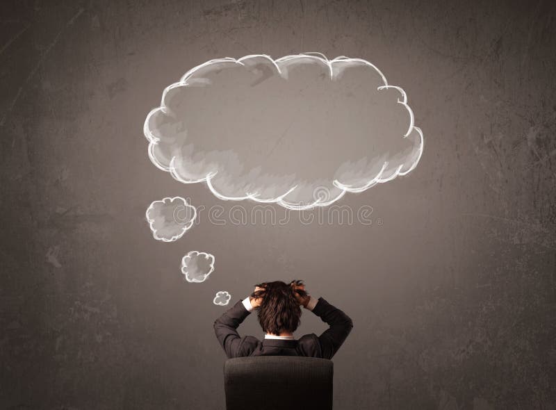Businessman sitting with cloud thought above his head stock photos Businessman sitting with cloud thought above his head stock photos