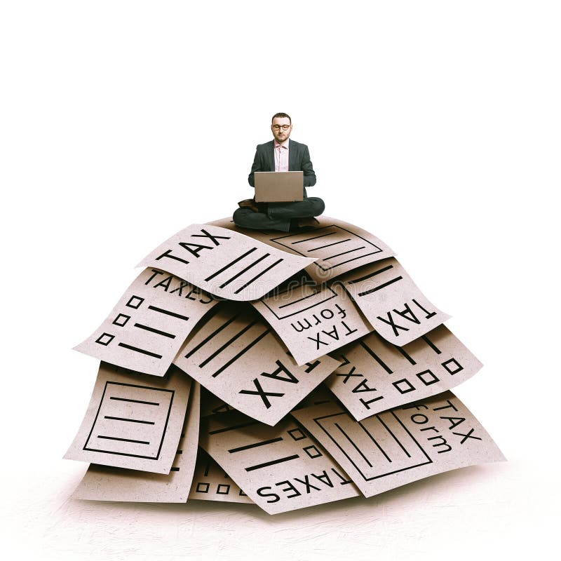 Businessman sitting on pile of tax documents concept conceptual image large stack forms with laptop symbol burden paperwork immagine stock
