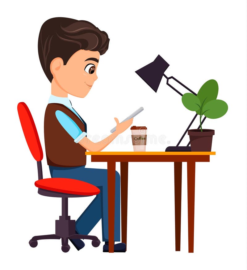 Office Man Sitting At His Working Desk With Phone Stock Vector ...
