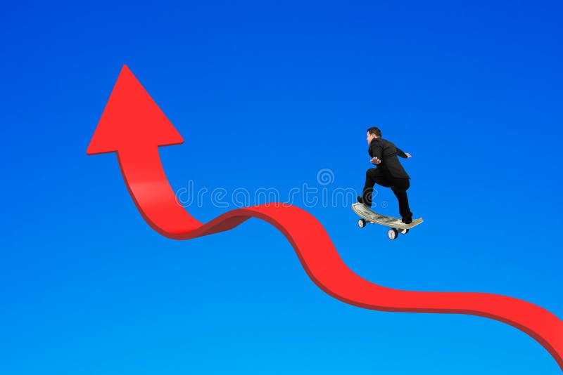 Businessman skateboarding arrow up bending trend line isolated o