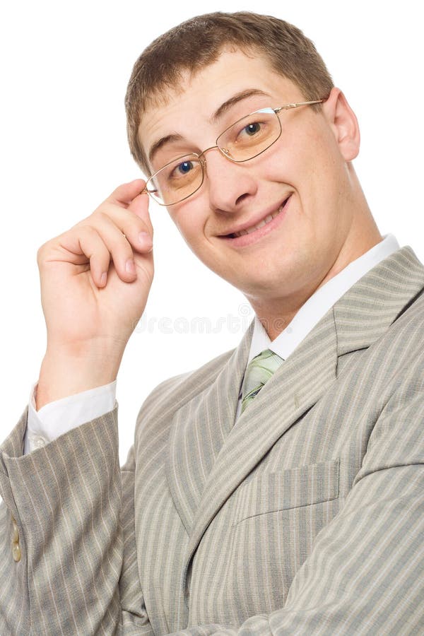 Businessman smiling and touching glasses