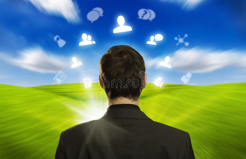 Young businessman with social network icons floating around his head 3