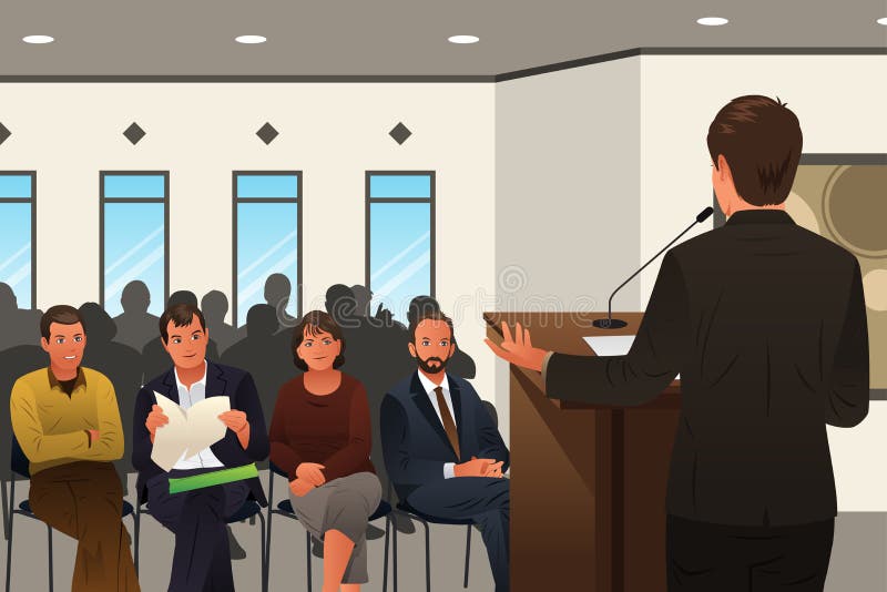 A vector illustration of businessman speaking at a podium in a conference or seminar. Conference podium vectors