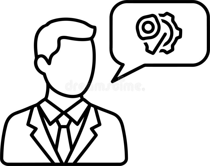 Black and white line drawing of a businessman depicted in a suit and tie. A speech bubble emerges from the figure, containing an icon of a gear. This symbolizes themes of communication, feedback, and customer service. The design is simple and stylized, emphasizing professional interaction and business operations. Drawing feedback vectors