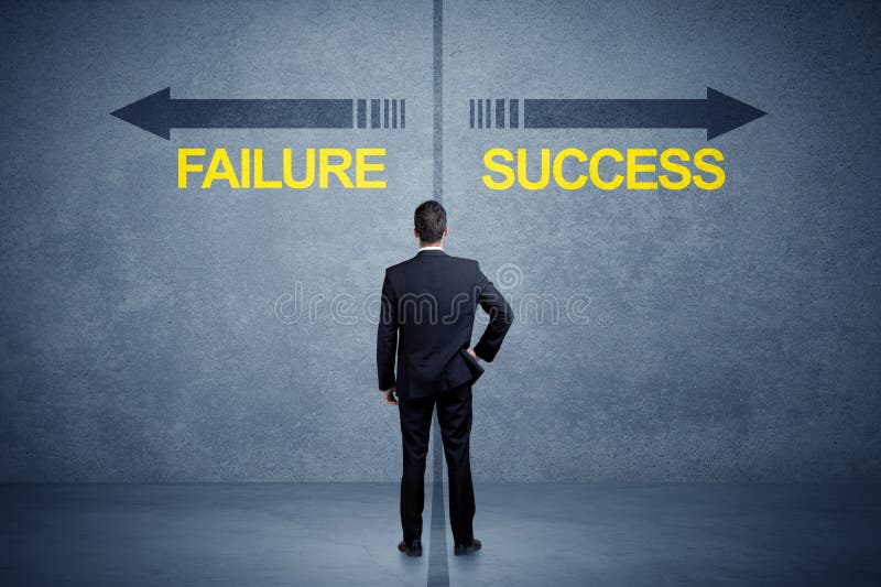 Businessman standing in front of success and failure arrow conce