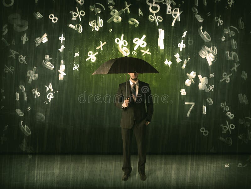 Businessman standing with umbrella and 3d numbers raining concept on background. Digital system concept stock images, royalty-free photos and pictures